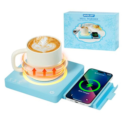 Blue Coffee Mug Warmer with Wireless Phone Charging - 15W, 3 Heat Settings, Auto Off