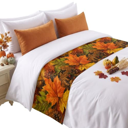 102x20 Inch Fall Maple Leaves Bed Runner for California King Bed Orange Green Brown
