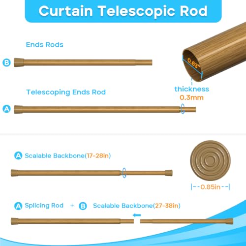 Spring Tension Curtain Rod Set - Wood Grain Finish, 17-38 Inch, 2 Pack