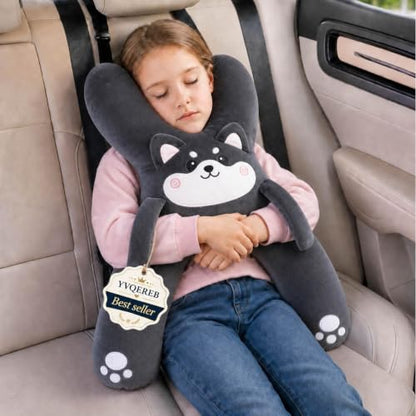 Kids Car Pillow with Animal Design, Neck Support & Seat Belt Slot - Dog Variation