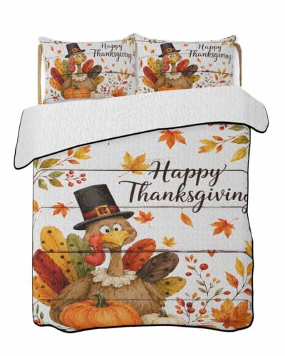 Turkey Thanksgiving Quilts King Size Fall Wooden Pumpkin Berry Soft Comforter Set - Distressed White