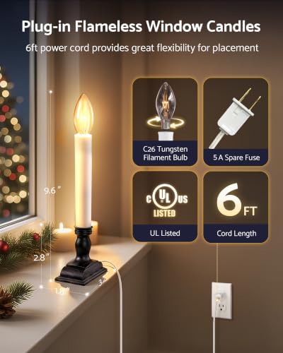 Antique Bronze 9.6-Inch Window Candle Set with Sensor, Dusk to Dawn Plug-In Lights