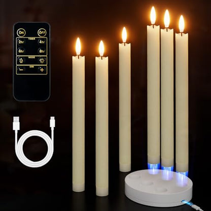 Rechargeable Flameless Taper Candles with Charging Station - 6 Pack Real Wax