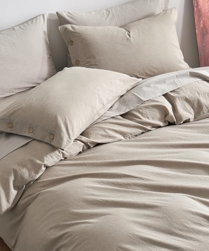 JELLYMONI 100% Washed Cotton Duvet Cover Queen - Khaki Beige Linen-Like