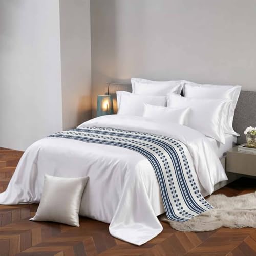 Cal King Bed Runner Blue Stripes Decorative Bed Scarf 102x20in - Soft Satin