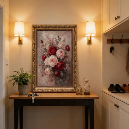 Vintage Gold Frame Canvas Wall Art - Red & Blush Rose Bouquet, 16"x24"