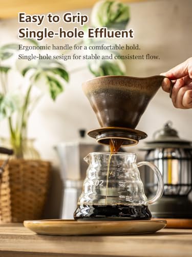 Ceramic Pour Over Coffee Maker - Single-Hole Cone with Curved Handle, Earthy Brown