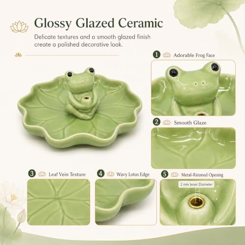 Ceramic Frog and Lotus Incense Holder for Sticks, Ash Catcher Decor