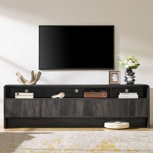Amerlife 70-Inch Modern Curved TV Stand with Storage - Black, Flat Panel
