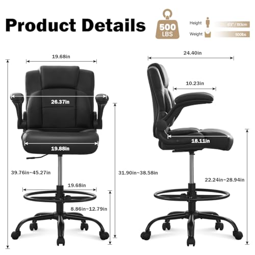 KWKSV Tall Office Drafting Chair with Flip-Up Armrests - Black