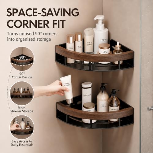 Corner Shower Shelf Walnut Wood & Stainless Steel Caddy - No-Drill Wall Mount