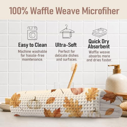 Fall Pumpkin Kitchen Towels Set of 2 - Autumn Leaves Thanksgiving Dish Towels
