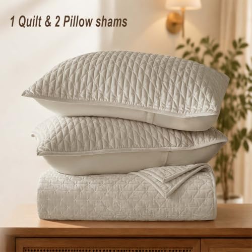 Velvet Queen Size Quilt Set 90x98 Inches Bedding with 2 Pillowcases Beige