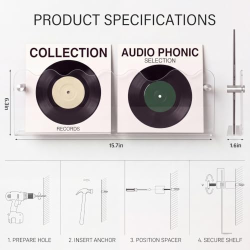Wall Mount Acrylic Magazine and Vinyl Record Holder Rack - 15.7 Inch