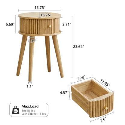 Round Fluted Side Table Set of 2 - Natural, 15.7"D x 15.7"W x 23.6"H, Mid-Century Modern Wooden Nightstands