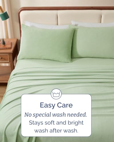 Queen Fleece Sheets Set - 4-Piece Flannel Bedding in Sage Green - Cozy & Deep Pocket