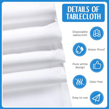 White and Blue Plastic Tablecloths with Satin Table Runner Set - Tudomro 12 Pcs