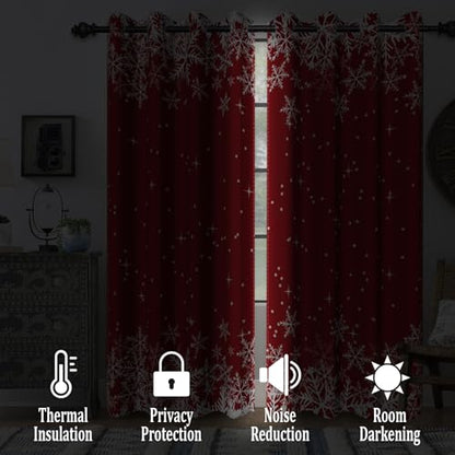 Blackout Christmas Snowflake Curtains for Bedroom & Living Room - Red, 42x63 Inches, Pack of 2