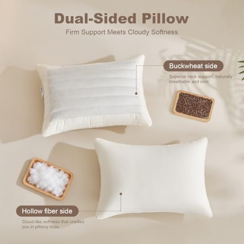 Organic Buckwheat Pillow 20x26 Inches Dual Firmness Support White