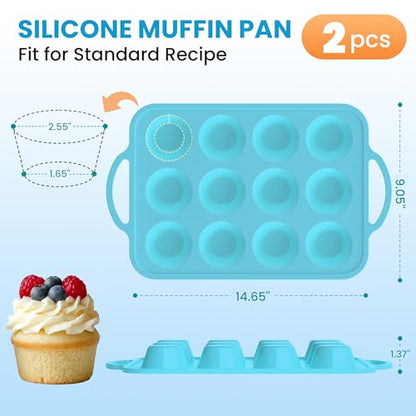 Blue Silicone Muffin Pan for Baking 12 Cups Nonstick Food Grade Mold - Reinforced Frame