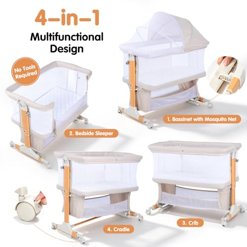 4-in-1 Baby Bassinet Bedside Crib with Mosquito Net & Adjustable Height - Beige