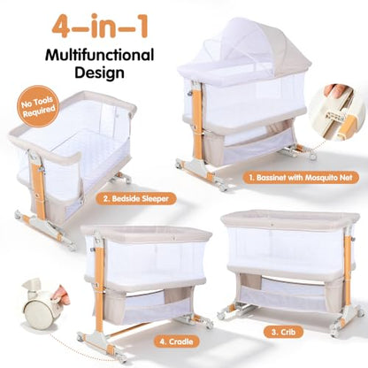 4-in-1 Baby Bassinet Bedside Crib with Mosquito Net & Adjustable Height - Beige