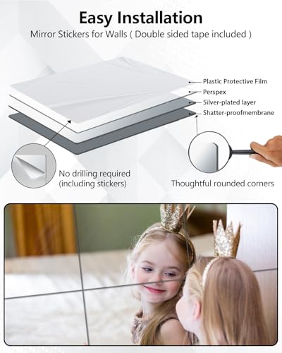 Unbreakable Mirror Tiles 14x12 Inch - Silver 4PCS Peel & Stick Wall Mirrors for Kids Bedroom Decor