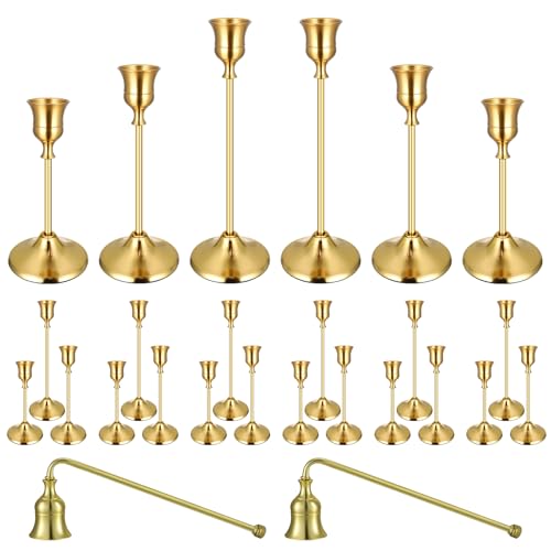 24PCS Brass Gold Taper Candle Holders Set with Candle Snuffer - Elegant Decor
