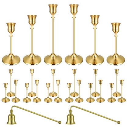 24PCS Brass Gold Taper Candle Holders Set with Candle Snuffer - Elegant Decor