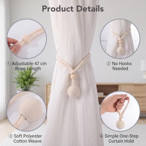 Adjustable Beige Curtain Tiebacks Rope Set for Window Decor, 2 Pack
