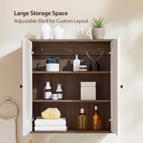 Bathroom Fluted Wall Cabinet with 2 Doors - Walnut/White, Fully Enclosed, 23.4 x 7.8 x 24.6 inches