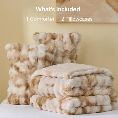 Beige Tie Dye Faux Fur Comforter Set Queen Thick Winter Bedding