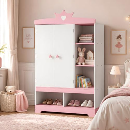 Kids Dress Up Storage Armoire with Hidden Jewelry Cabinet & Mirror - Toddler Wardrobe Organizer