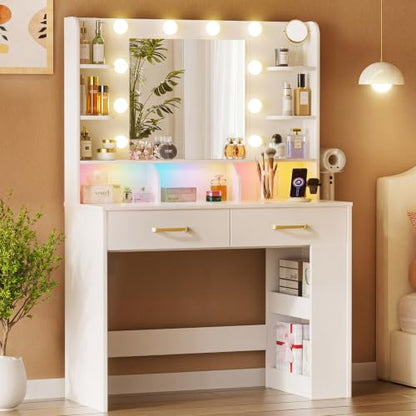 COMHOMA White Vanity Desk with LED Mirror & 2 Drawers, 3 Lighting Modes, USB/AC Outlet, 31.5" x 15.7"