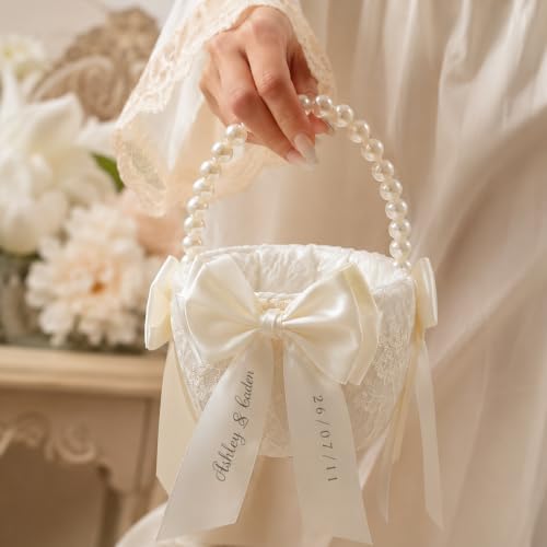Personalized Flower Girl Basket with Lace & Pearls for Wedding Ceremony