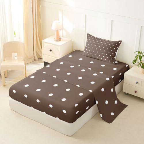 Brown Polka Dot Bed Sheets Set Twin Size Kids Bed Linen with Fitted, Flat & Pillow Sham
