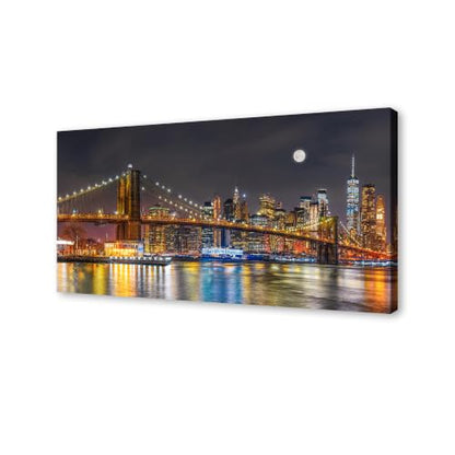 Brooklyn Bridge Night Skyline Canvas Wall Art - 58x29 Inches Colorful