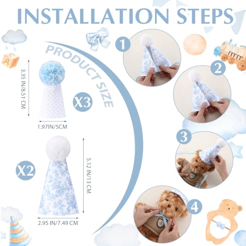 Mini Party Hats for Stuffed Animals, Dolls, Cats - Blue Gingham, 5 Pack