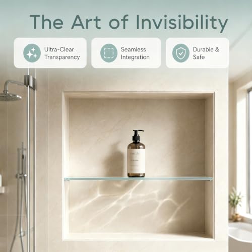 Clear Tempered Glass Bathroom Shelf 14" x 3-3/8" x 5/16" - Modern Shower Storage