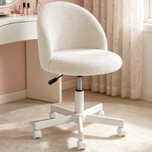 White Vanity Chair with Backrest - Girls Desk & Makeup Stool, Adjustable & Swivel