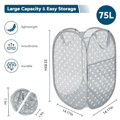 Gray Collapsible Mesh Laundry Basket 75L with Dot Print & Side Pocket
