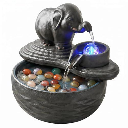 Ceramic Elephant Water Fountain with LED Light and Crystal Accents - Small Indoor Decor