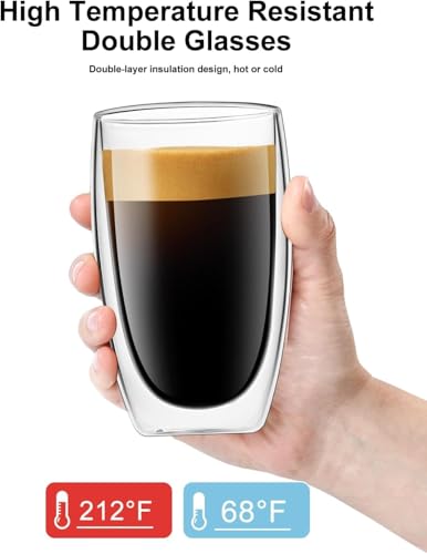 Glass Coffee Mugs Set of 2, Insulated Double Wall 15.2oz Cups for Hot Cold Beverages
