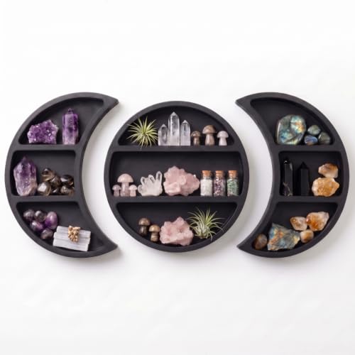 Moon Shelf Set Black Pine Crescent Wall Shelves for Crystals & Decor