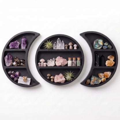 Moon Shelf Set Black Pine Crescent Wall Shelves for Crystals & Decor