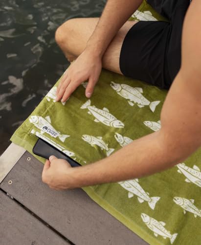 OUTER LAKES Adventure Towel - Fish Pattern, Soft Plush Feel, Fade-Resistant, Ultra Absorbent Beach Towel with Hidden Pocket
