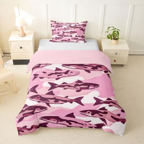 Camouflage Fish Hunting Duvet Cover Twin Size Boys Girls Bass Pike Bedding Set Breathable Microfiber No Comforter Pink Variation