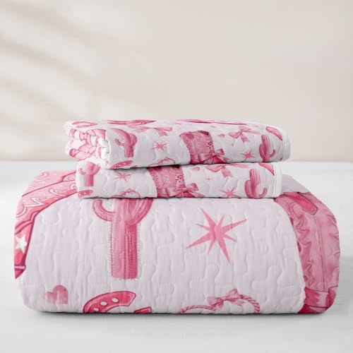 Pink Cowgirl Quilt Set with Western Cactus and Bowknot Design - Full Size Bedding for Boys Girls - Baby Pink Variation