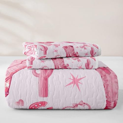 Pink Cowgirl Quilt Set with Western Cactus and Bowknot Design - Full Size Bedding for Boys Girls - Baby Pink Variation