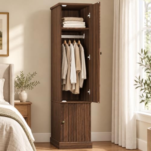 Garvee 72" Tall Armoire Wardrobe Closet - Fluted Wood, Narrow, Retro Brown (Variation: Retro Brown)